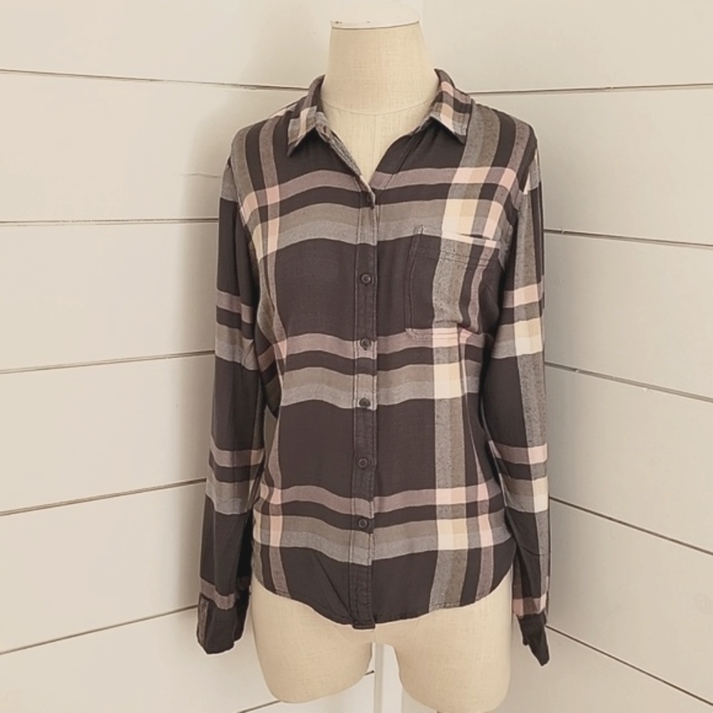LUCKY BRAND medium button down lightweight flannel pink cream grey plaid